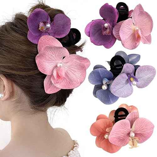 Pink Purple, Blue Purple, Pink Butterfly Orchid Phalaenopsis Amabilis Floral Vintage Hair Clips For Women, 3 Count, with Pearl Details For Thick Hair