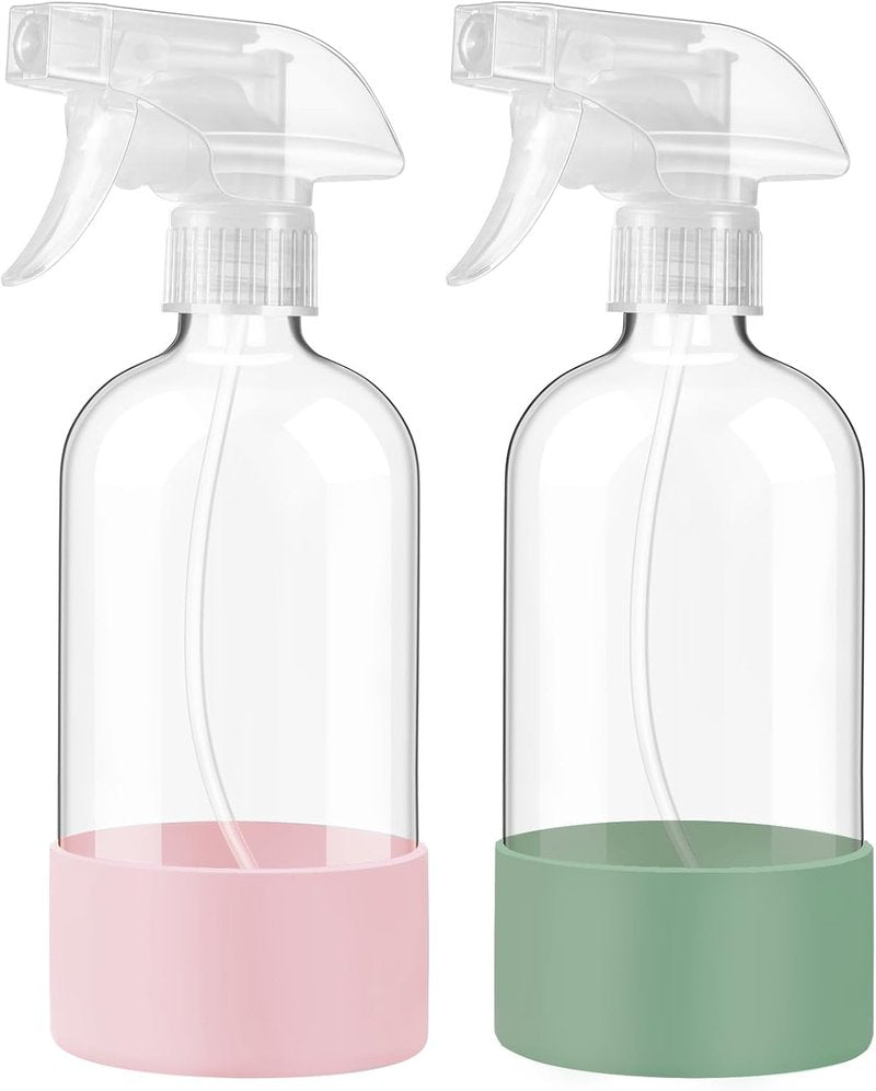 Glass Spray Bottles - 16 oz Refillable Containers with Adjustable Nozzles | 2-Pack in Olive Green & Pink