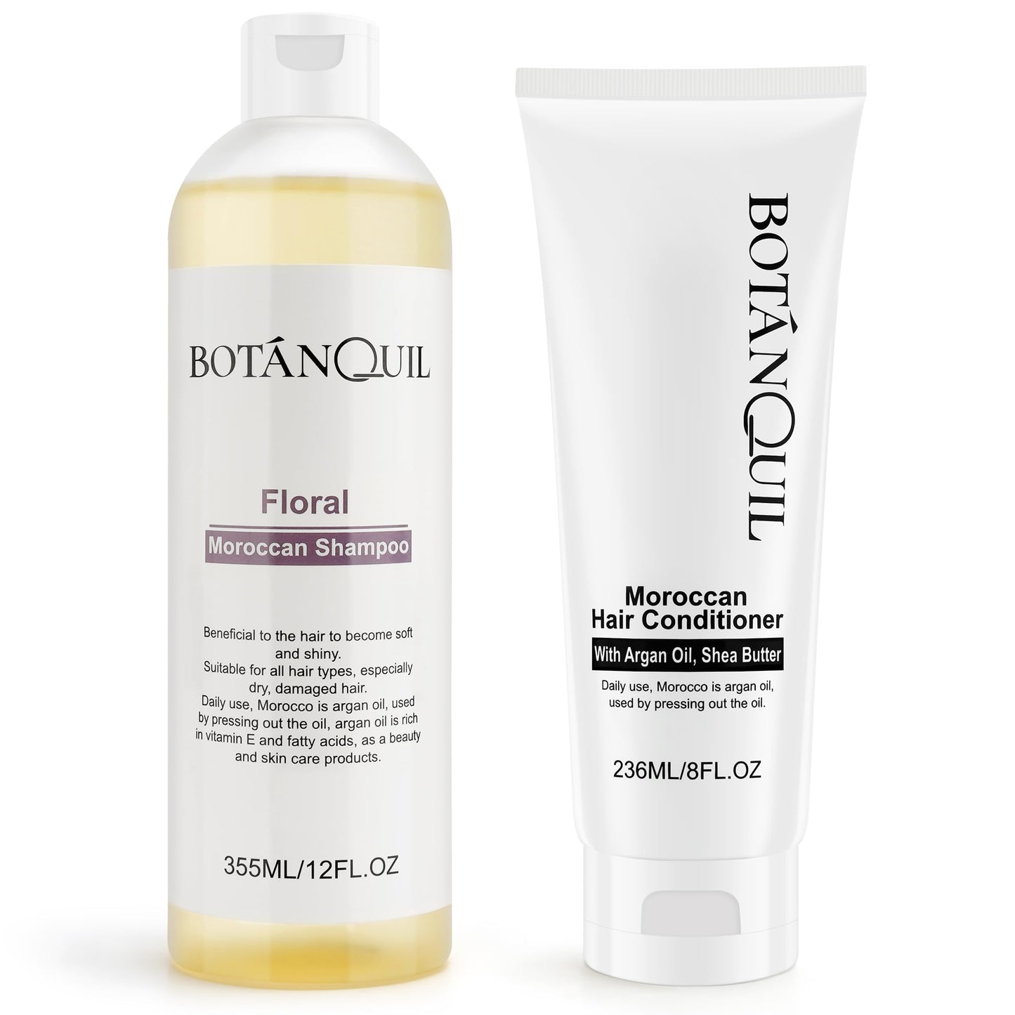 BOTANQUIL Moroccan Shampoo and Conditioner Set with Argan Oil, Shea Butter & Hyaluronic Acid Plant Based Gentle Cleansing for Dry, Damaged Hair, Hair Hydrating Anti Frizz- Floral Scent