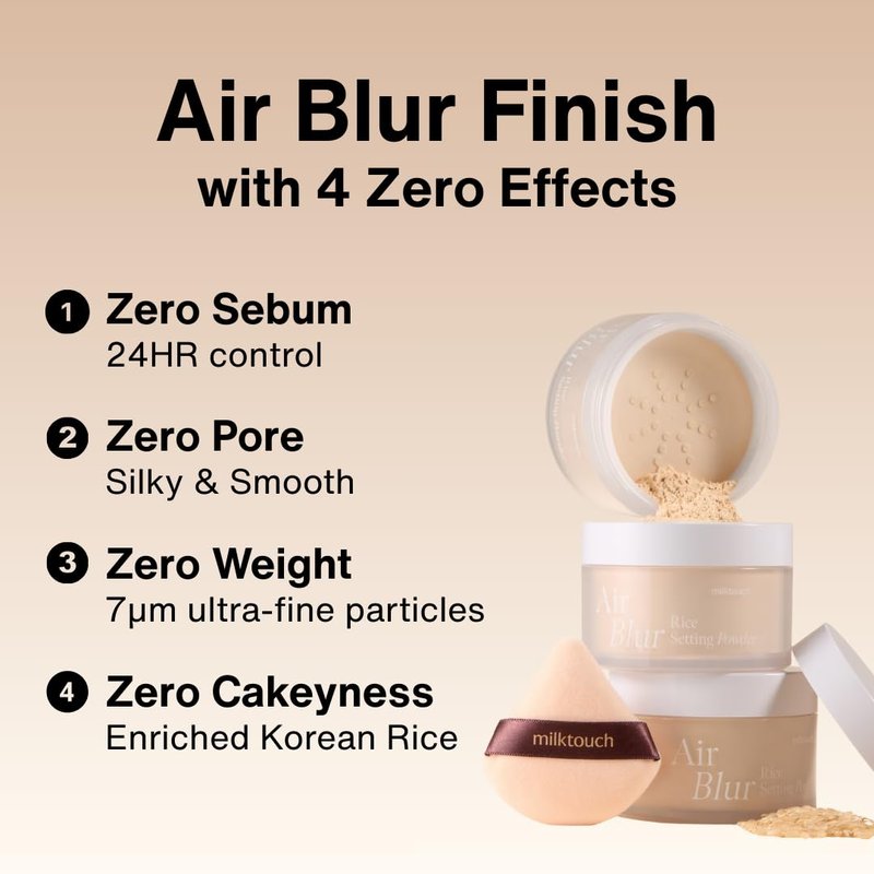 MILKTOUCH Air Blur Rice Setting Powder, Loose & Pressed Face Powder Foundation, Lightweight Vegan, Longwear 24H Blur Waterproof - Translucent