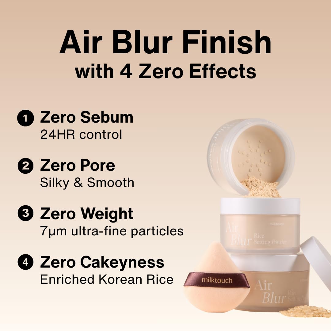 MILKTOUCH Air Blur Rice Setting Powder, Loose & Pressed Face Powder Foundation, Lightweight Vegan, Longwear 24H Blur Waterproof - Translucent
