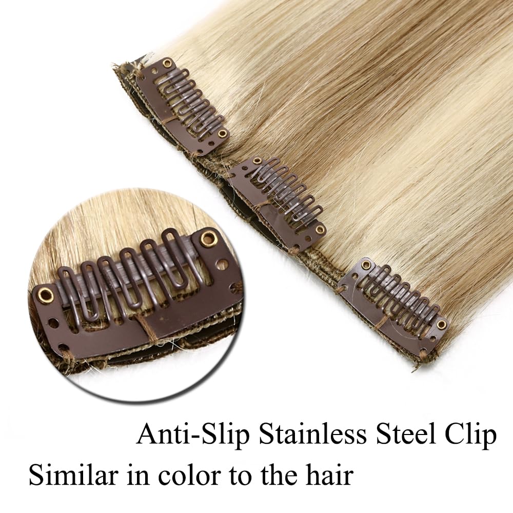 Real Human Hair Clip-In Extensions - Light Blonde & Golden Blonde 14 Inch 60g | 8pcs Remy Balayage Weft for Women