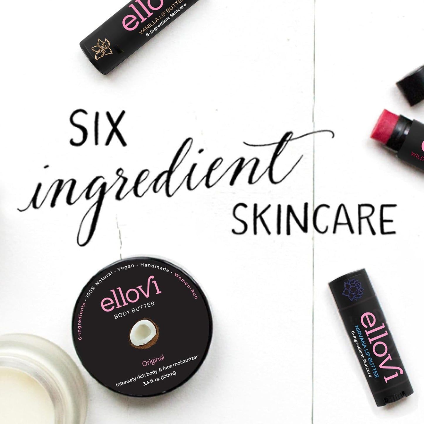 Ellovi Natural Lip Butter Lip Balm - Nirvana - Pure Enough to Eat - Made With Just 6 Vegan Ingredients - 100% Natural & Organic Moisturizing Lip Care for All Day Hydration (4-Pack)