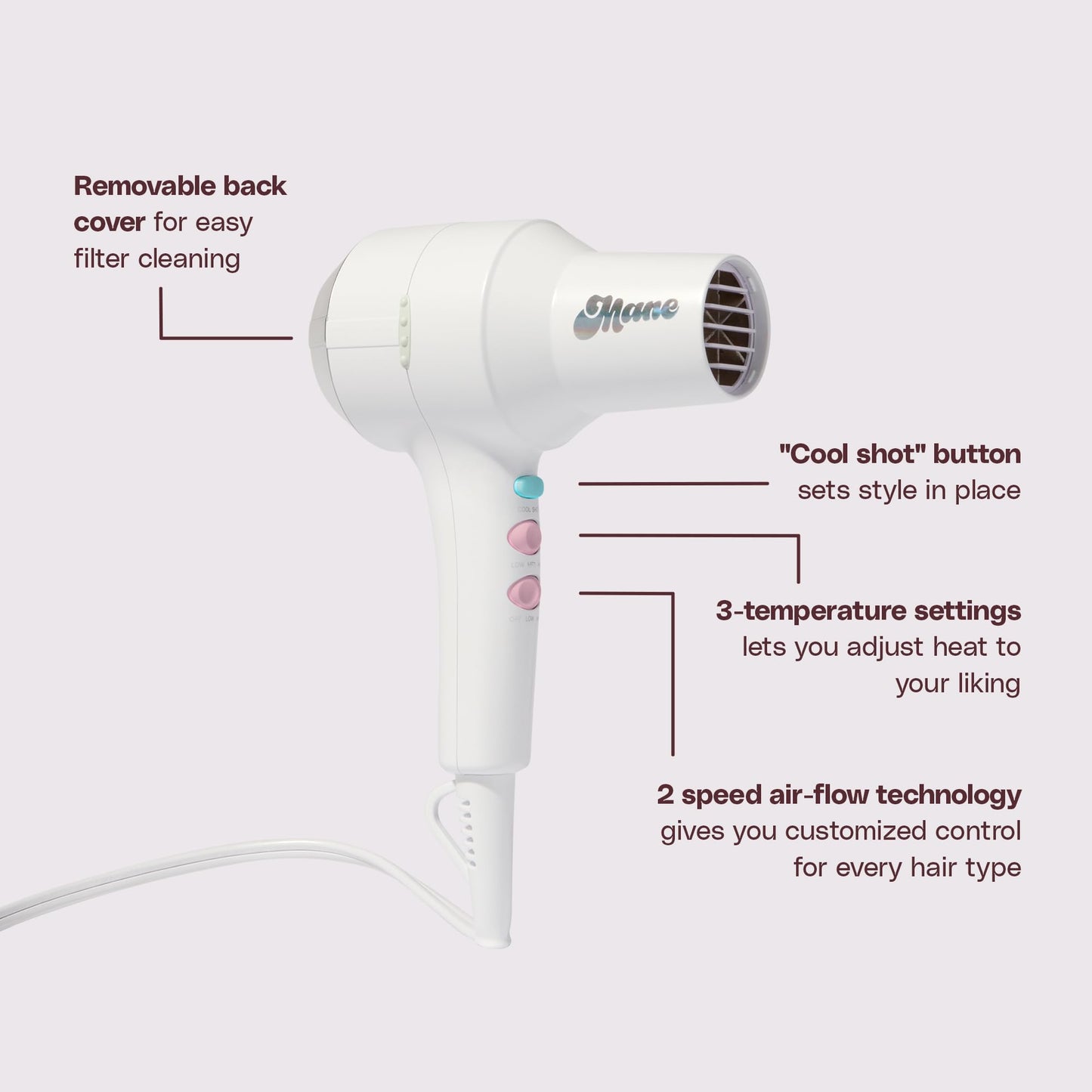 Mane Compact Ionic Hair Dryer With Diffuser, Wide Tooth Comb & Nozzle - 4-Piece Blow Dryer With Ionic Technology to Help Seal Cuticles, Reduce Frizz & Decrease Drying Time - Travel Size Hair Tools