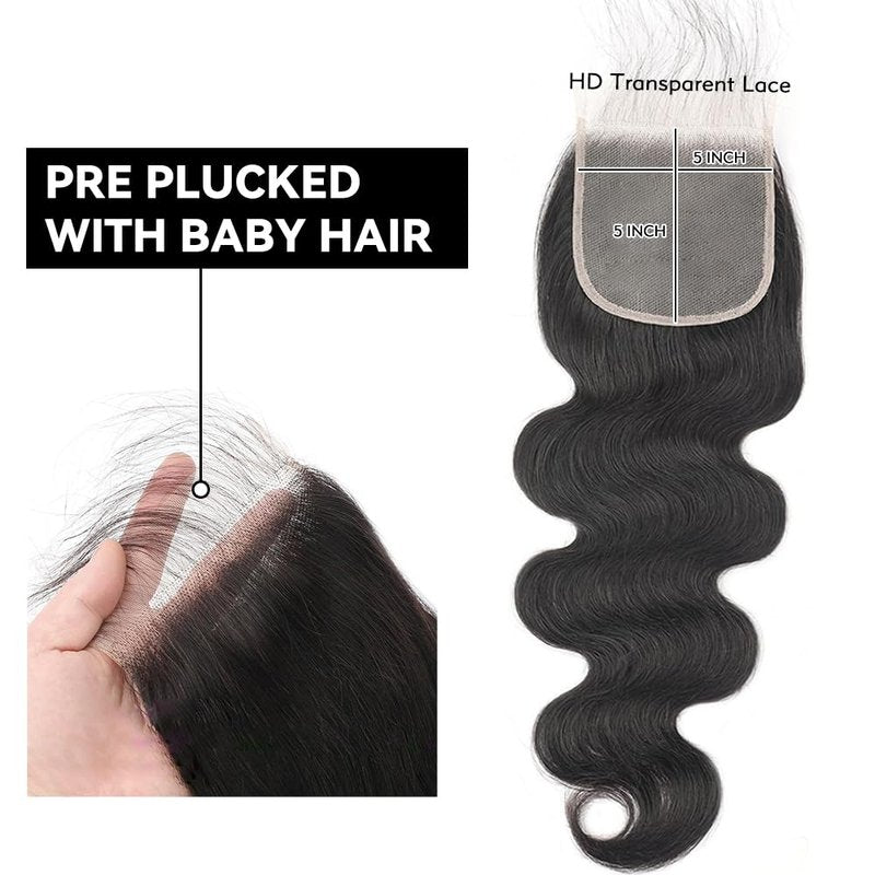 5x5 Lace Closure Body Wave HD Lace Closure Pre Plucked 100% Brazilian Virgin Human Hair Extensions for Black Women with Baby Hair Free Part Natural Color