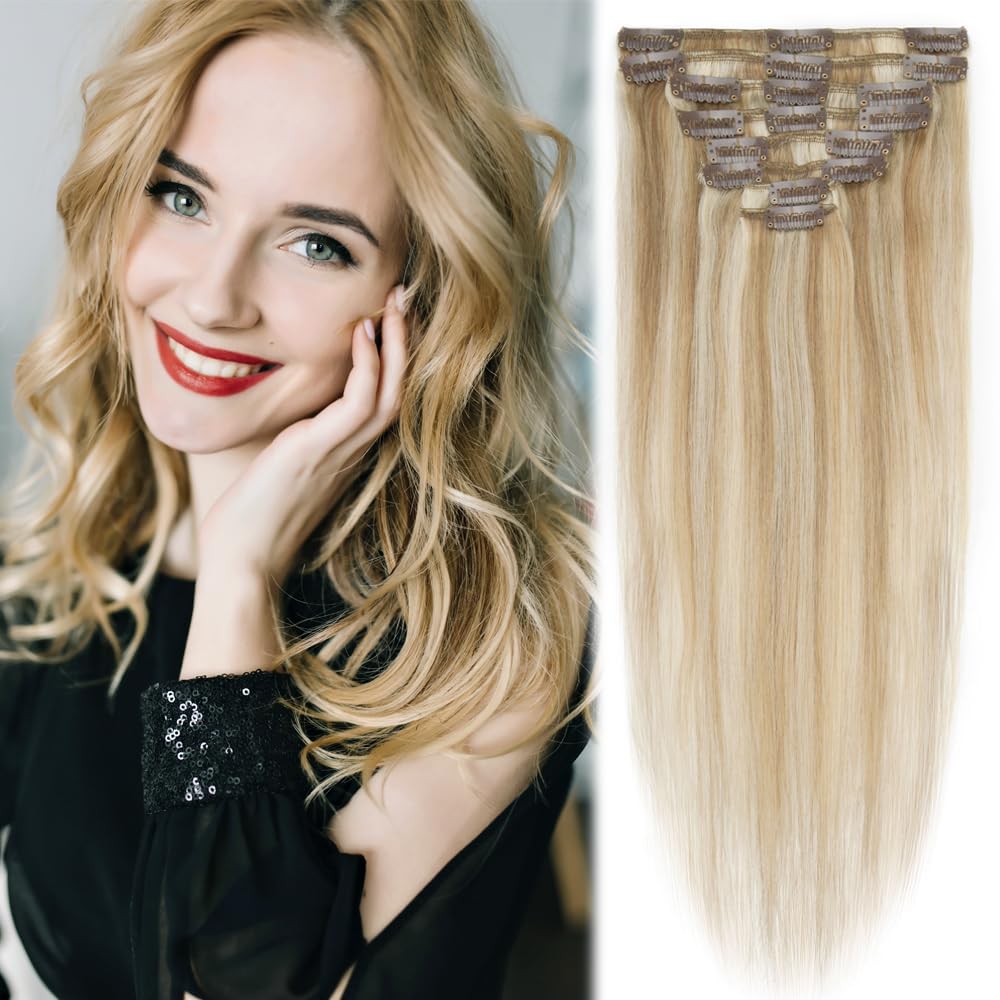 Real Human Hair Clip-In Extensions - Light Blonde & Golden Blonde 14 Inch 60g | 8pcs Remy Balayage Weft for Women