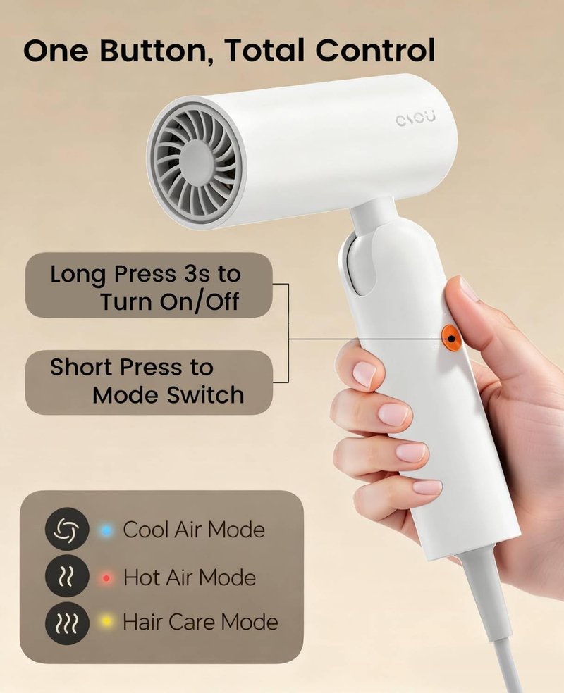 Dual Voltage Hair Dryer - Travel-Friendly 100V-240V Auto-Sensing Blow Dryer | Portable Design with 200x Temp Control