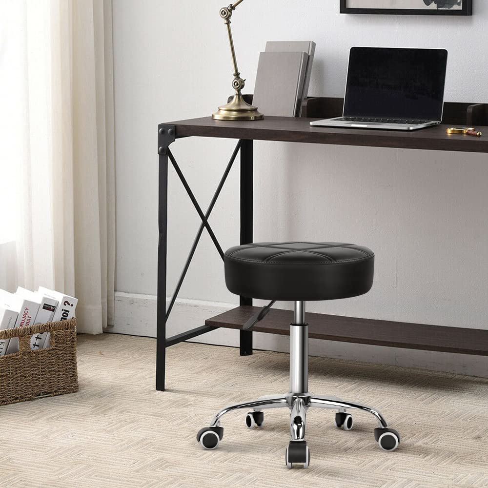 KKTONER Round Rolling Stool PU Leather Height Adjustable Swivel Drafting Work SPA Medical Salon Stools Chair with Wheels Black