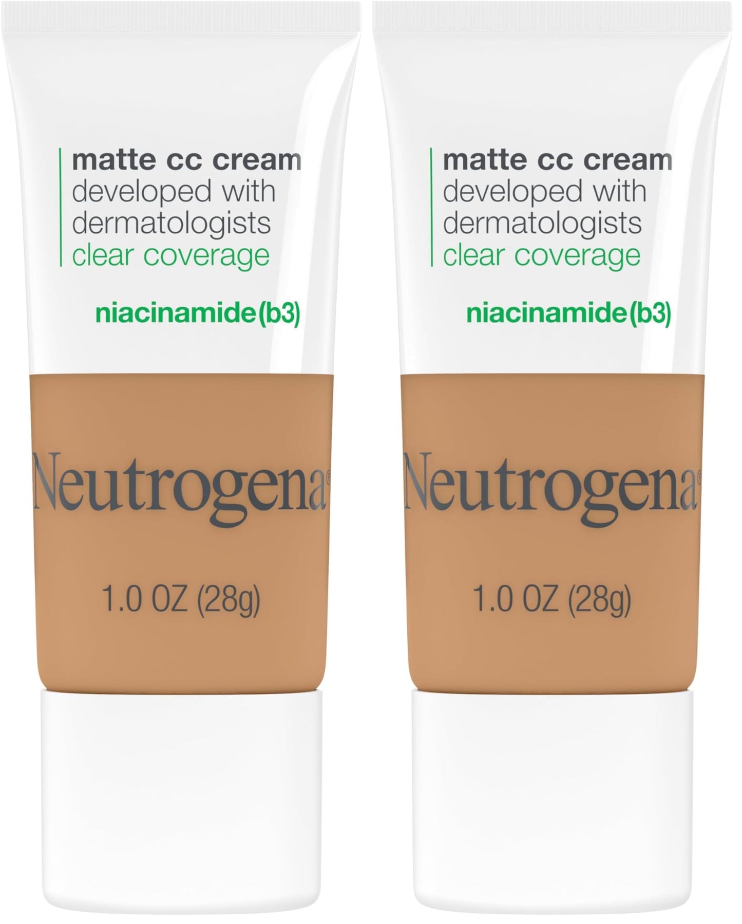 Neutrogena Clear Coverage Flawless Matte CC Cream, Full-Coverage Color Correcting Cream Face Makeup with Niacinamide (b3), Hypoallergenic, Oil Free &-Fragrance Free, Butterscotch, 1 oz (Pack of 2)