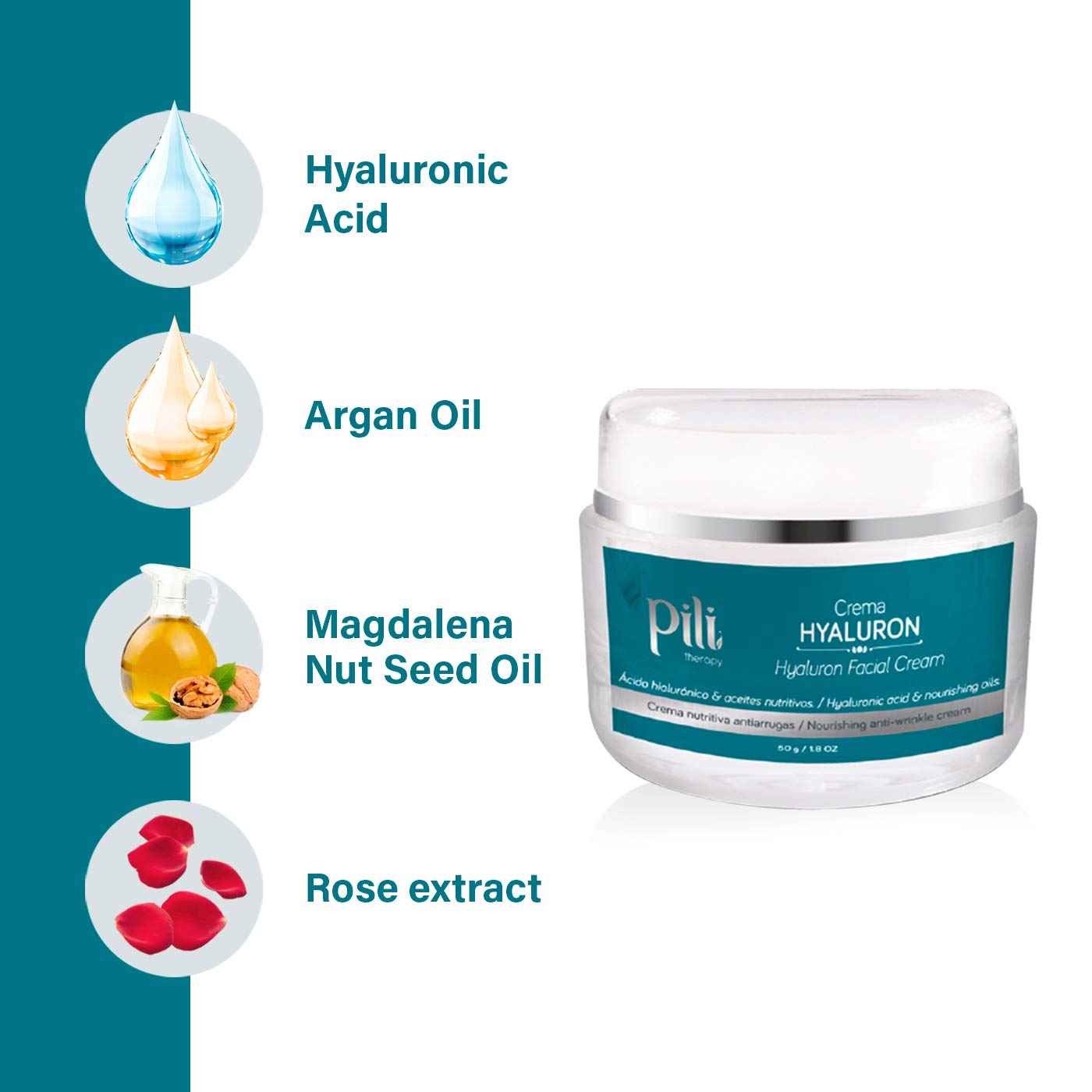 Pili Hyaluron face cream | Hyaluronic Acid Cream Face with Argan oil and Paradise Nut Oil. Ultra-Hydrating Anti Aging and Anti Wrinkle Cream Day Cream or Night Cream Moisturizer | 1.8 Oz