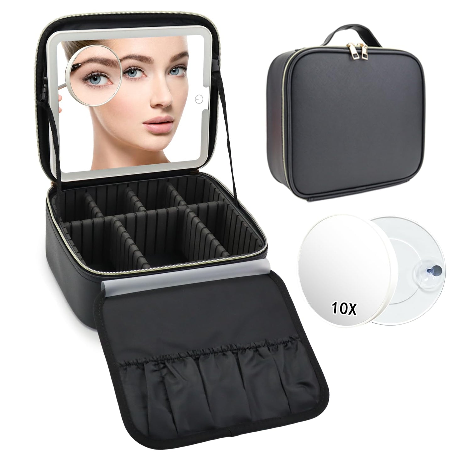 SLUMAZI Travel Makeup Bag with LED Mirror and 10x magnifying glass with 3 Lighted Settings, Adjustable Dividers and Makeup Brush Storage Bag Black