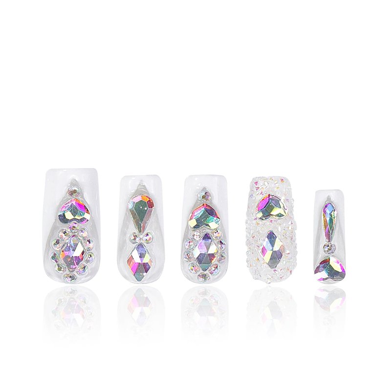 LOVFUL Press on Nails Candy Diamonds & White French Tip| Handmade with Full Covered Crystals | Reusable Fake Nails | Square Regular 1.0 in | H36-M