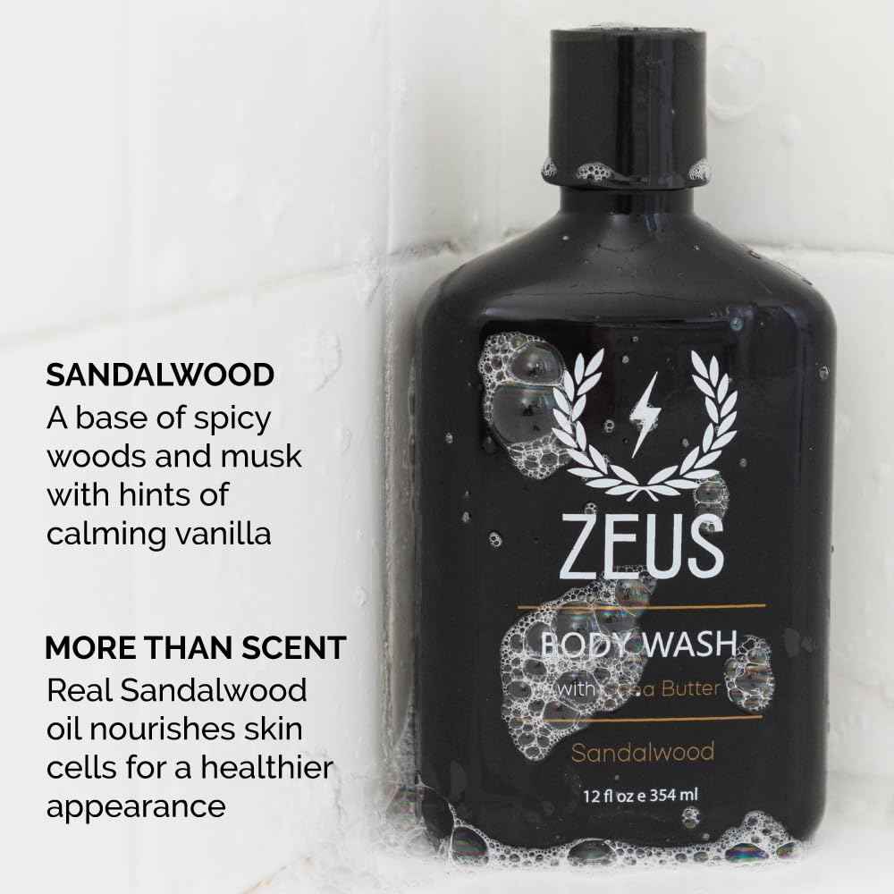 ZEUS Men's Natural Body Wash, Hydrating Shower Gel with Sandalwood Oil, Aloe Vera, Shea Butter & Invigorating Essential Oils for Skin Revitalization (Made in USA) 12 oz.