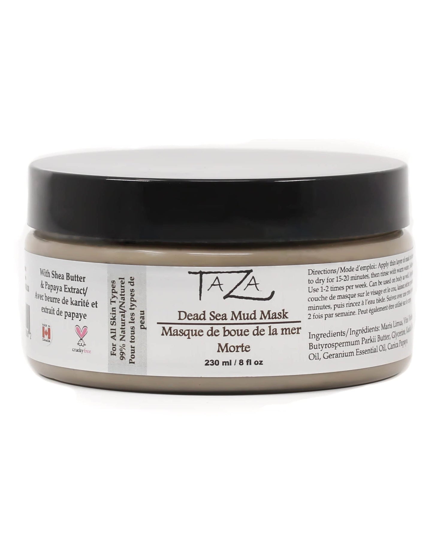 Taza Premium Natural Dead Sea Mud Mask, 8 ounces (230 milliliters), Bright and Radiant Facial Skin, With: Dead Sea Mud, Shea Butter, Grapeseed Oil, Vitamin E, Glycerin, Papaya Extract