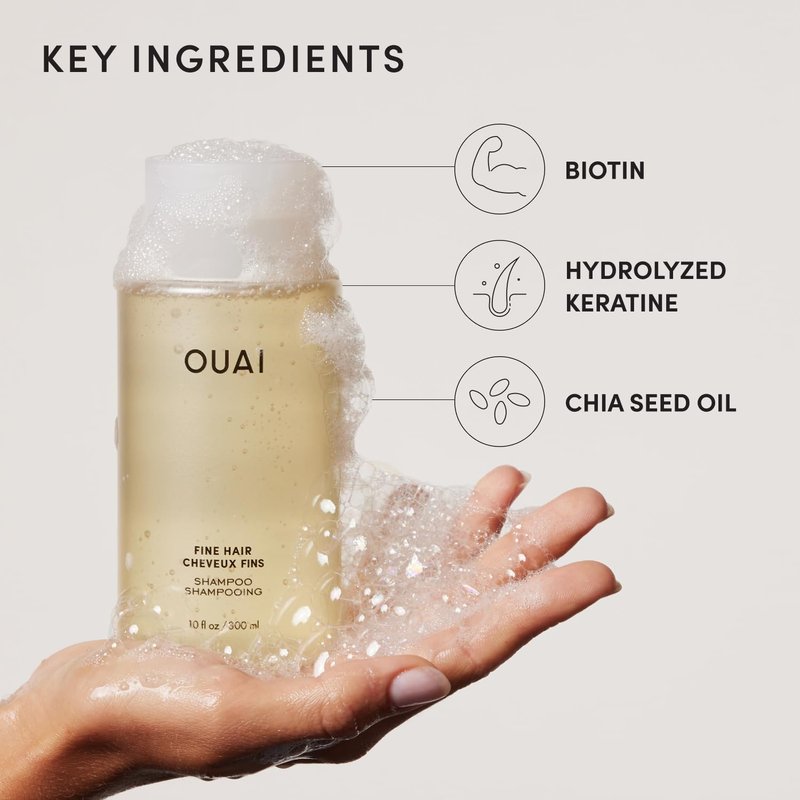 OUAI Fine Hair Shampoo - Biotin Thickening Shampoo for Flat, Thin Hair - Volumizing & Strengthening Keratin & Chia Seed Oil for Women & Men - Lightweight, Color-Safe, Sulfate Free, 10 Oz