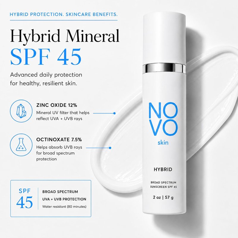 NOVO Skin Non-Tinted Hybrid Sunscreen SPF 45 – Hydrating Lightweight Daily Face Moisturizer with Zinc Oxide & Octinoxate – Niacinamide & Hyaluronic Acid – Broad Spectrum No White Cast SPF, 2.0 fl oz