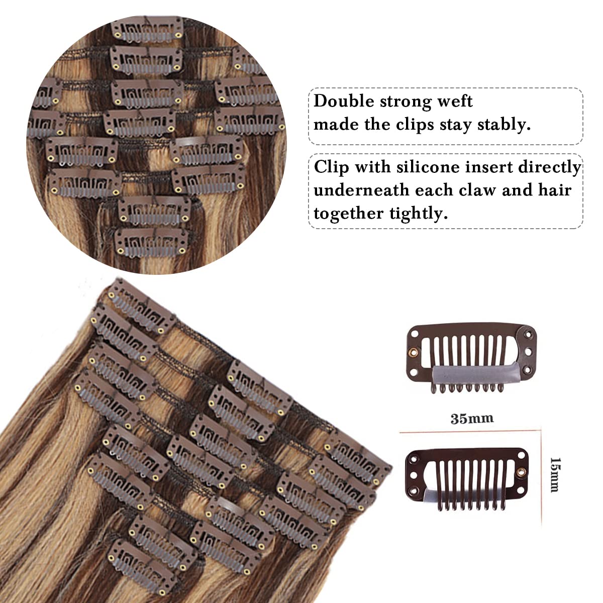 Clip in Hair Extensions Real Human Hair for Women Invisible Natural Straight Seamless Clip on Hair Extensions 8pcs Double Weft 2.8oz/70g (#4P/27 Medium Brown/Dark Blonde, 18 Inch)