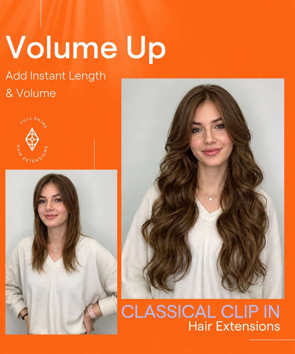 Full Shine Real Hair Extensions Clip in Human Hair Chestnut Brown