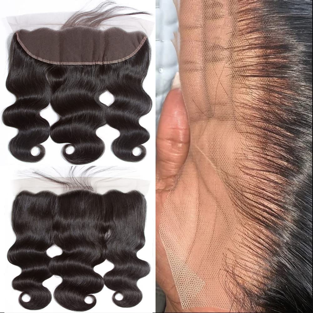 Body Wave Frontal 13x4 HD Transparent Lace Frontals With Bangs Baby Hair 100% Remy Human Hair 150% Density Natural Color (14 Inch)