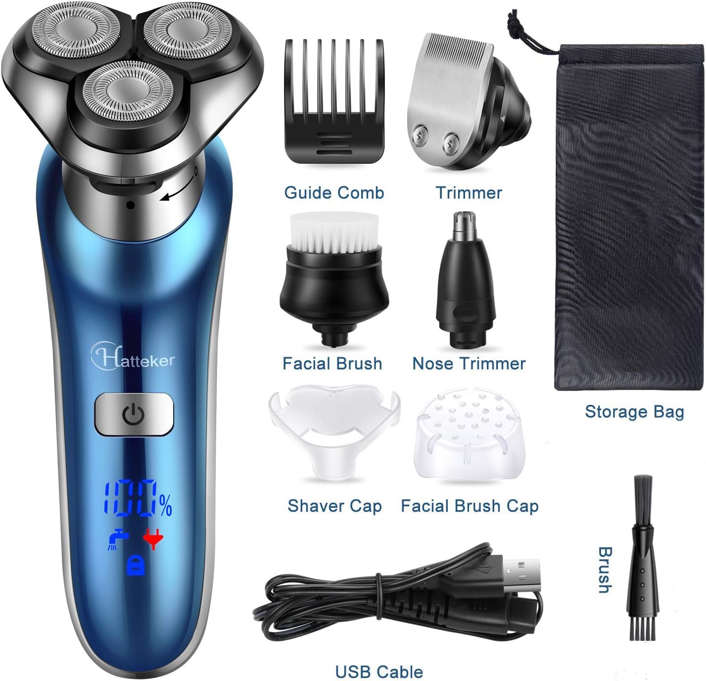 Hatteker Electric Shaver for Men Trimmer for Men Cordless Rechargeable Beard Nose Hair Face Trimmer Rotary Razor USB Groomer Waterproof Wet Dry 4 in 1
