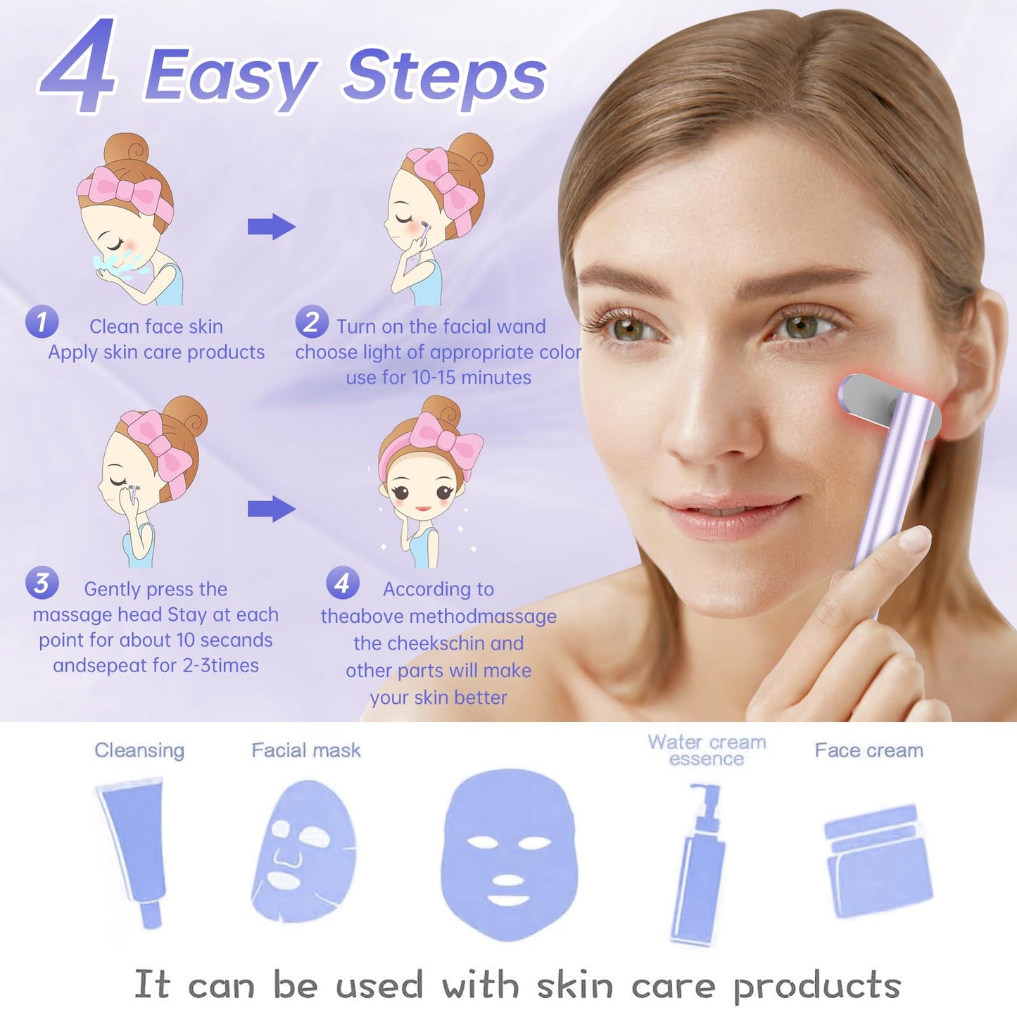 Light-Therapy-Wand, Red Light Therapy for Face and Neck Facial Wand 7 in 1 Led Beauty Wand Red & Blue Rejuvenation Face & Eye Massager Skincare Tool