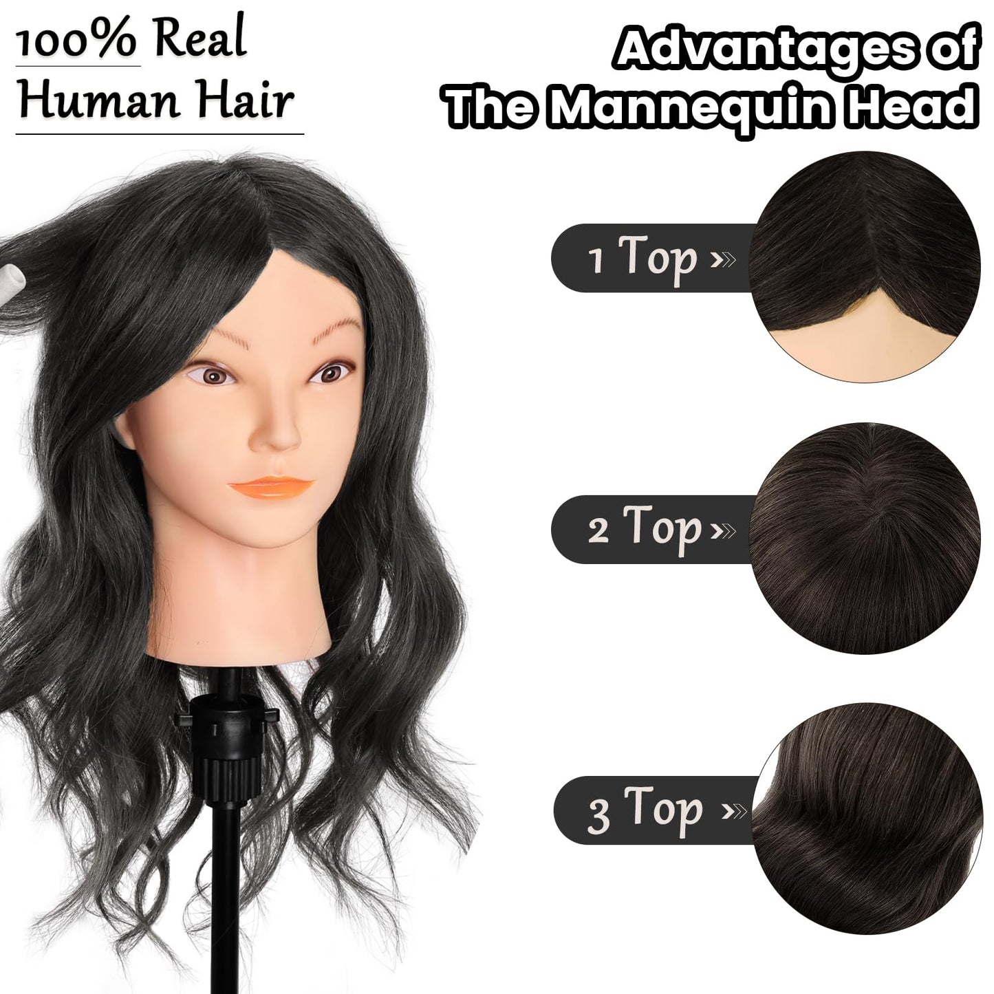 Mannequin Head with 100% Human Hair, MYSWEETY 18" Real Hair Manikin Doll Head for Hair Styling, Cosmetology Mannequin Hairdressing Practice Training Head with Clamp Holder and Tools(Black, Makeup)