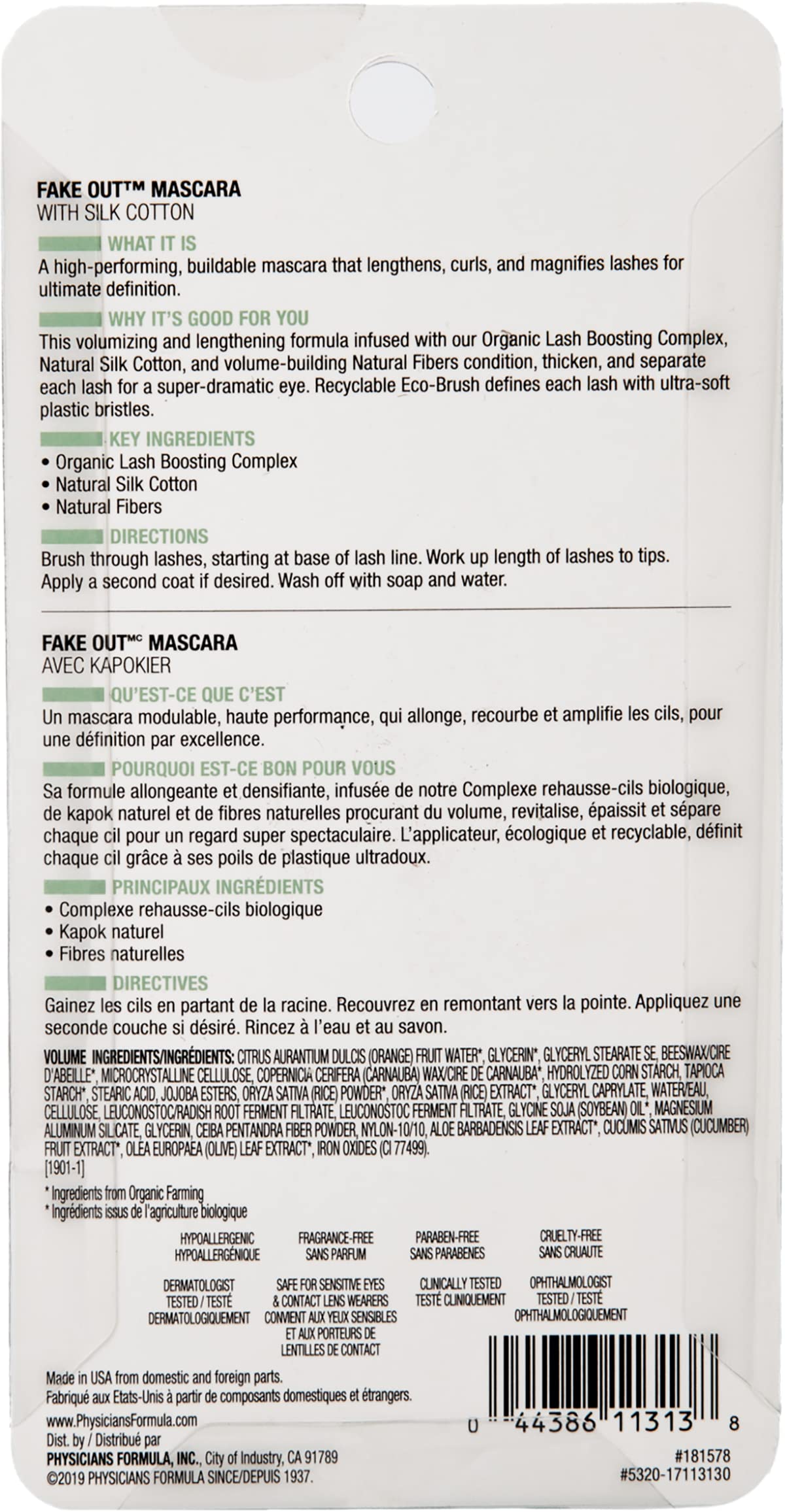 Physicians Formula Organic Wear Lash-Boosting All Natural Mascara, Lifts, Lengthens, For Sensitive Eyes, Dermatologist Tested - Natural Black