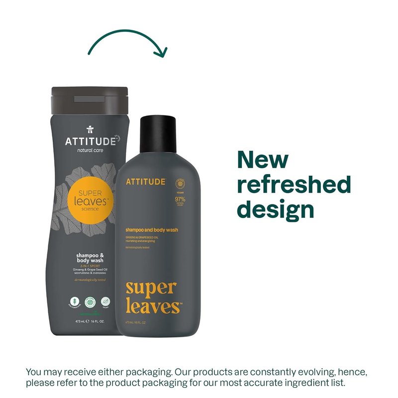 ATTITUDE 2-in-1 Shampoo & Body Wash - EWG Verified, Vegan, Plant-Based | Ginseng & Grapeseed Oil, 16 Fl Oz (Pack of 6)