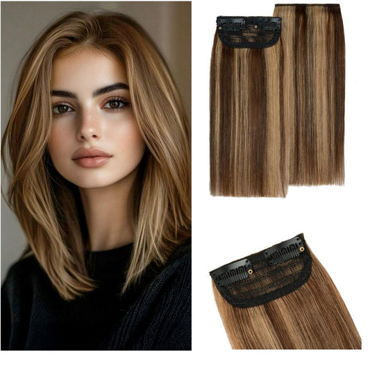 S-noilite 2 pieces 8 inch Clip In Short Hair Extensions 100% Remy Human Hair Invisible Mini Short Clip in Hairpiece for Women with Thinning Hair Medium Brown Mixed Dark Blonde