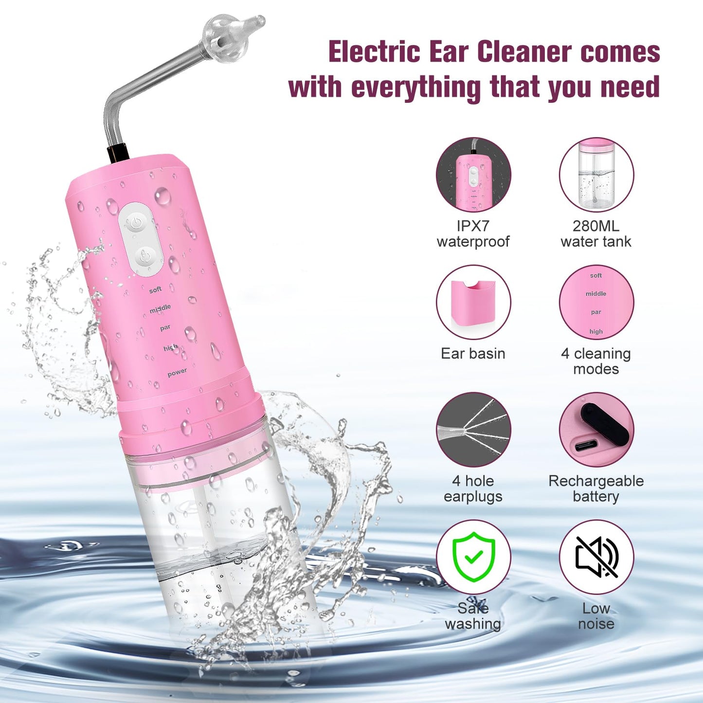 Ear Wax Removal, Electric Ear Irrigation Flushing System, Water Powered Ear Cleaner with 4 Pressure Modes, 6 Reusable Replacement Tips, Safe and Effective Ear Cleaning Tool for Adults (Pink)