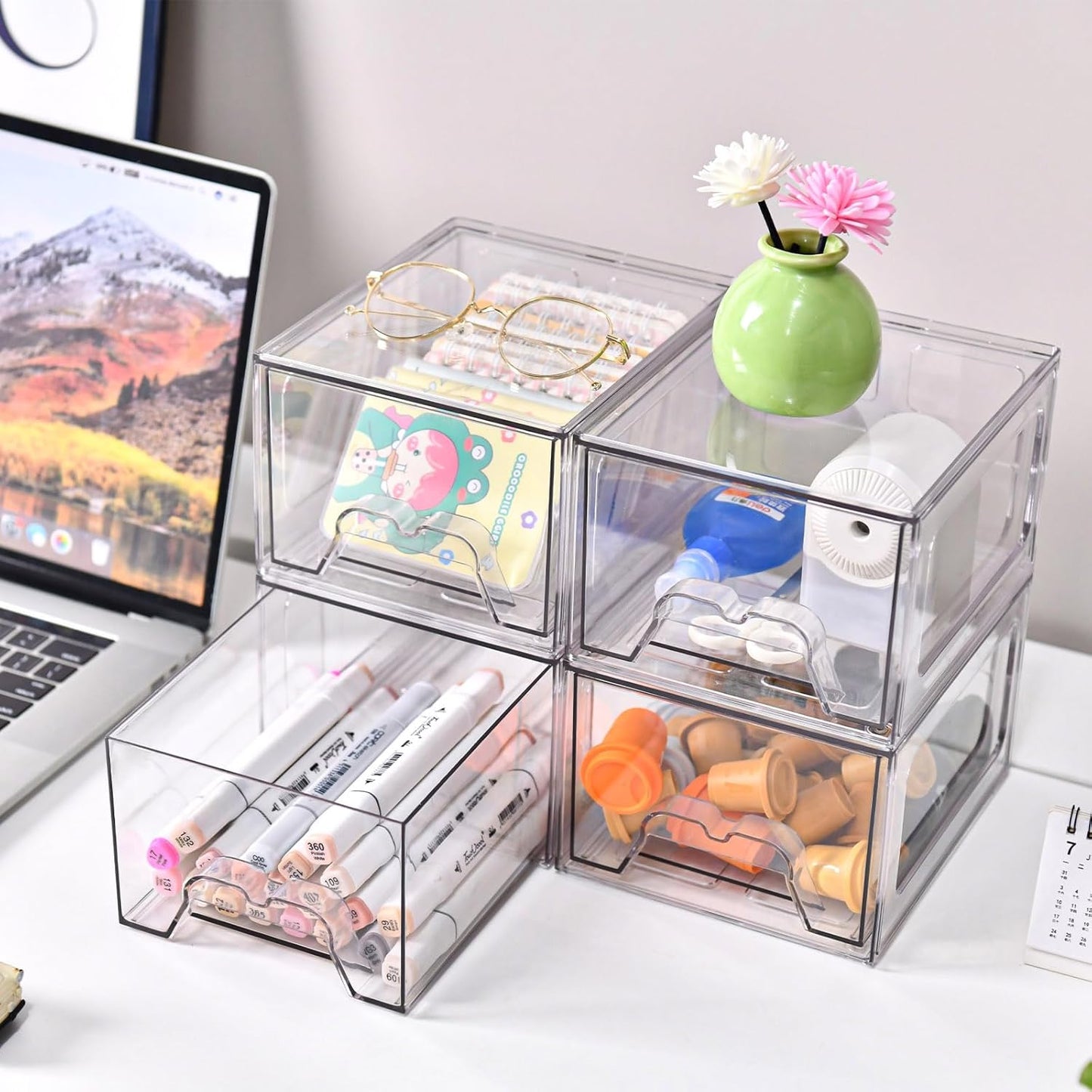 Stackable Makeup Organizer - Clear Plastic Storage Drawers Set of 4 | Ideal for Vanity & Bathroom Organization