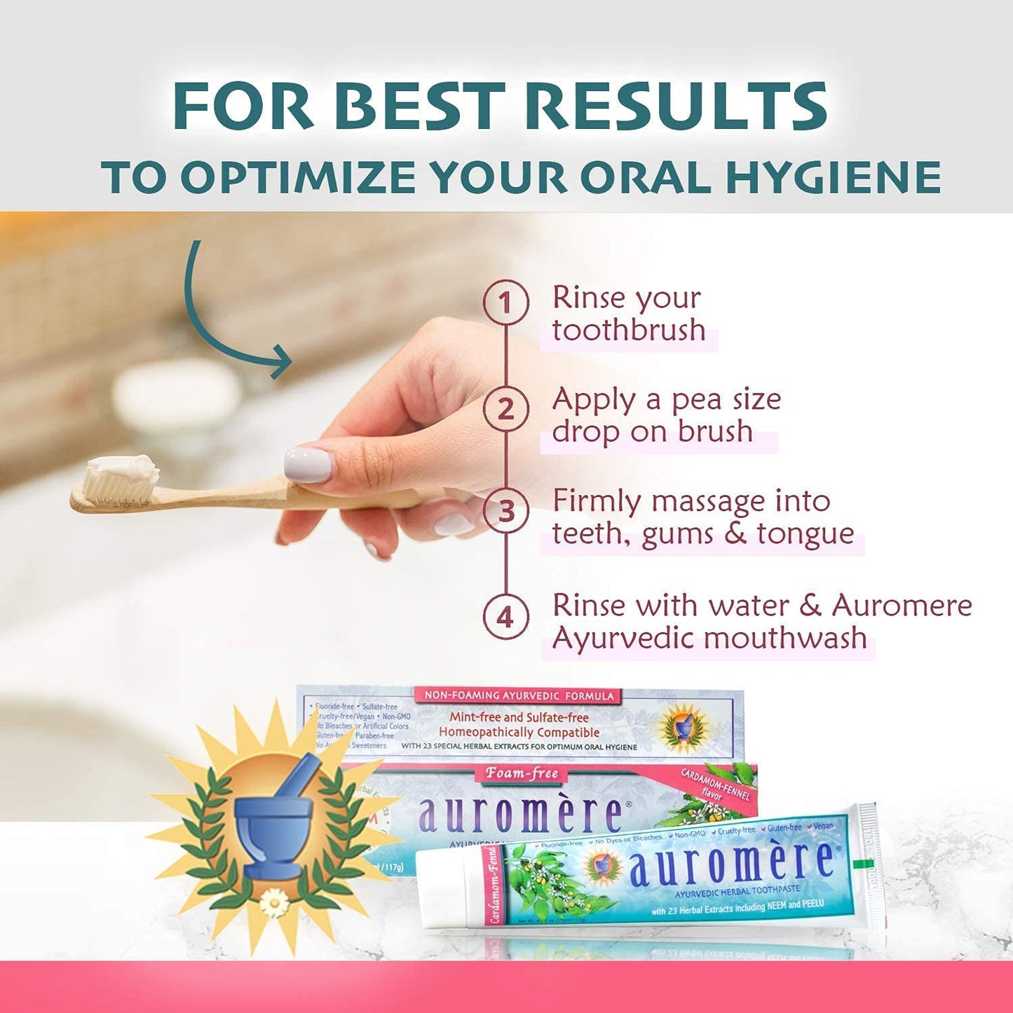 Auromere Ayurvedic Herbal Toothpaste, Cardamom Fennel, Foam Free - Vegan, Natural, Non GMO, SLS Free, Fluoride Free, Gluten Free, with Neem & Peelu (4.16 oz), 3 Pack