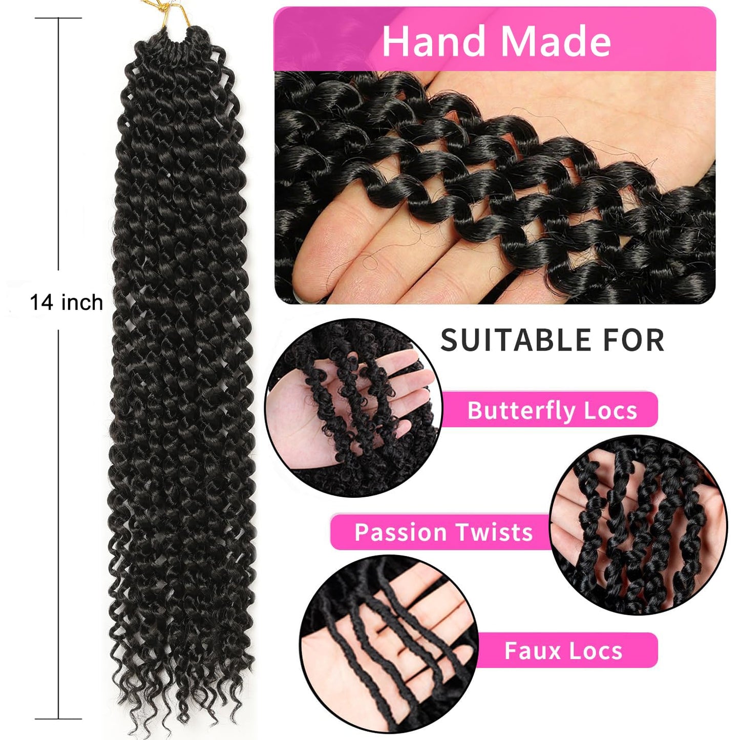 Ubeleco Short Passion Twist Hair 14 Inch 154 Strands Water Wave Crochet Hair 7 Packs Passion Twist Crochet Hair for Black Women Spring Twists Curly Braiding Hair Extensions (14 Inch,1B)
