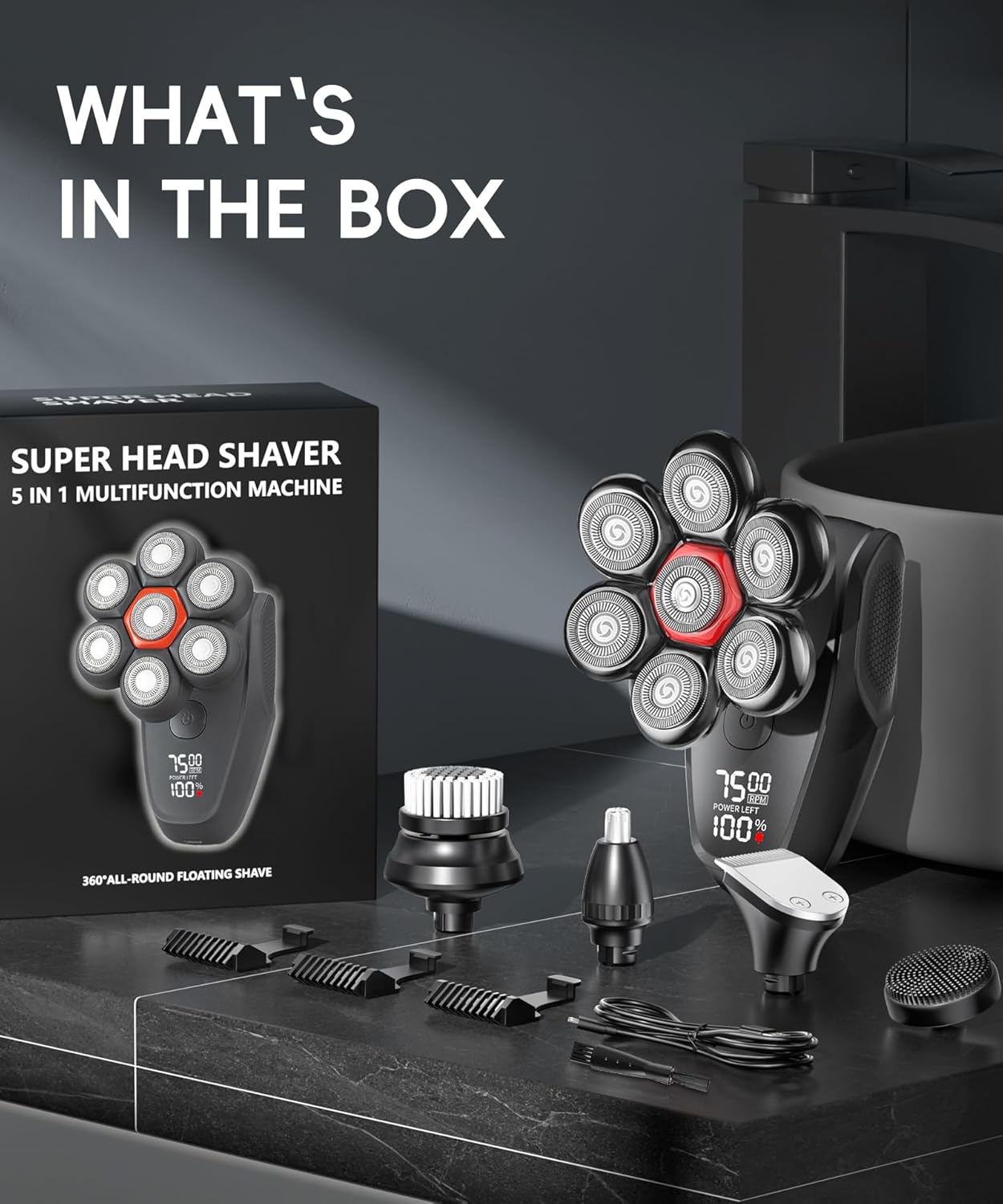 5-in-1 Men's Grooming Kit - 7D Rotary Electric Head Shaver | IPX8 Waterproof, High-Gloss Black