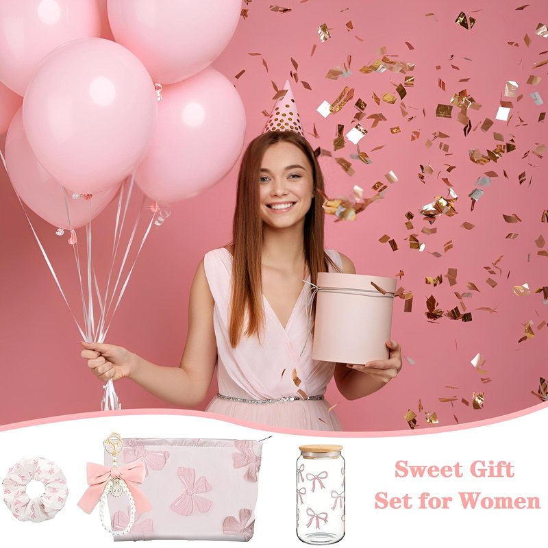 Pink Bow Stuff Gift with Preppy Makeup Bag, Bow Cup, Bow Keychain, Socks, Hairband, Coquette Stuff Presents Set for Teen Girls Women Sister Friend