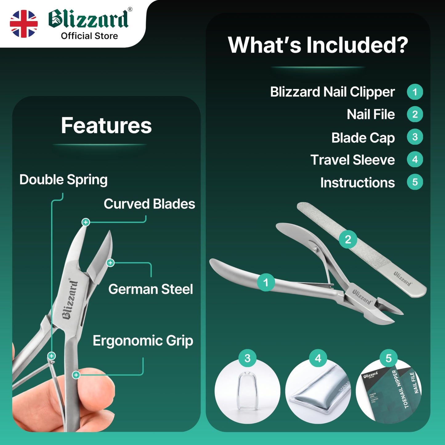 Blizzard Ingrown Toenail Clippers - Podiatrist Toenail Clippers for Thick Nails for Seniors - Ingrown Nippers for Men - German Steel Podiatry Tool with Toenail File - 13cm Concave Head