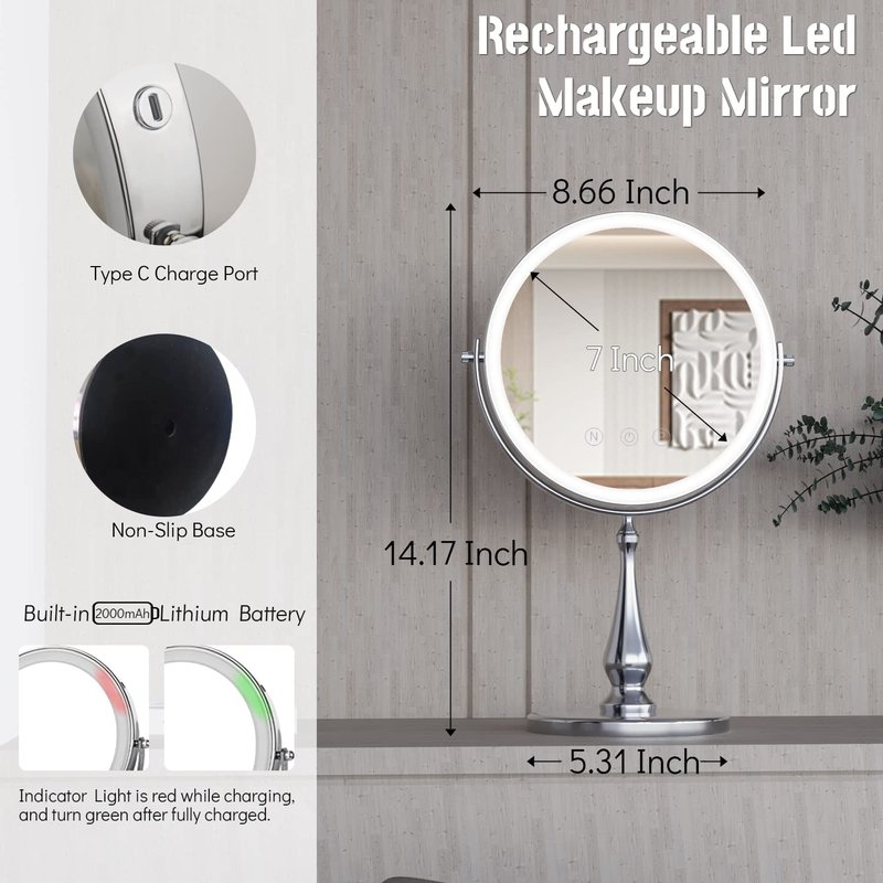 WIZCHARK 9" Large Lighted Makeup Mirror, 1X/10X Magnifying Vanity Mirror with 3 Colors Dimmable Lightning, 80 LED Lights, 360°Rotation Double Sided Standing Desk Mirror