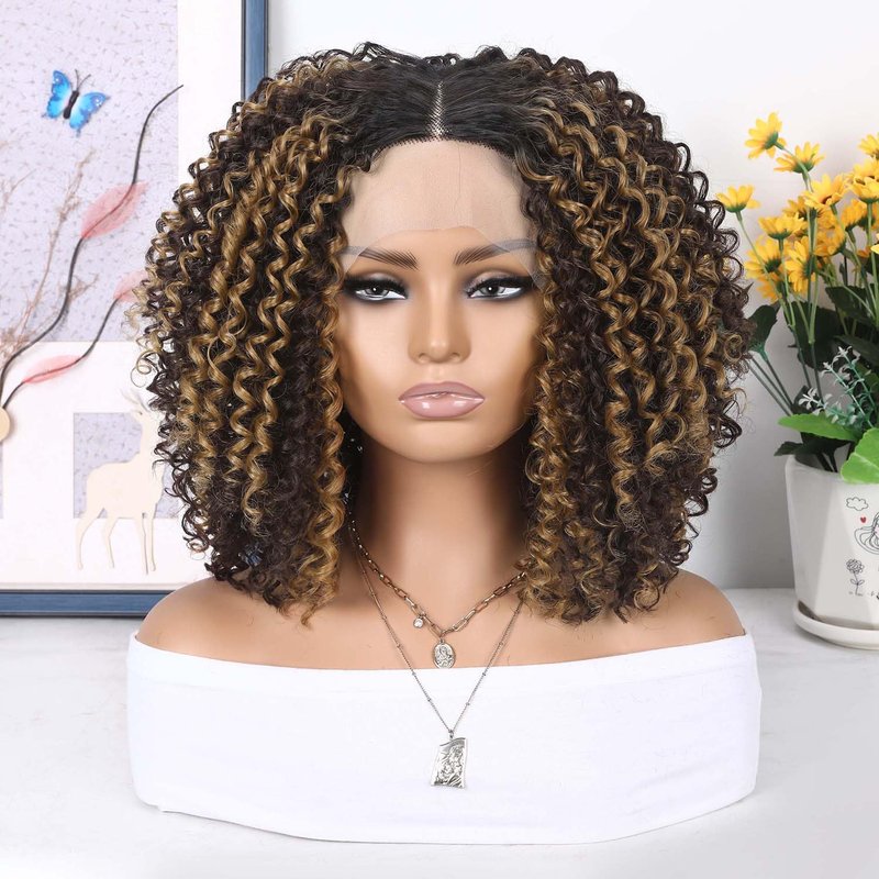 WIGER 15 inch Short Bob Lace Front Wigs 13X4X1 Curly T Part Wigs Middle Part Afro Kinky Curly Wigs Natural Black Synthetic Curly Wig For African American women
