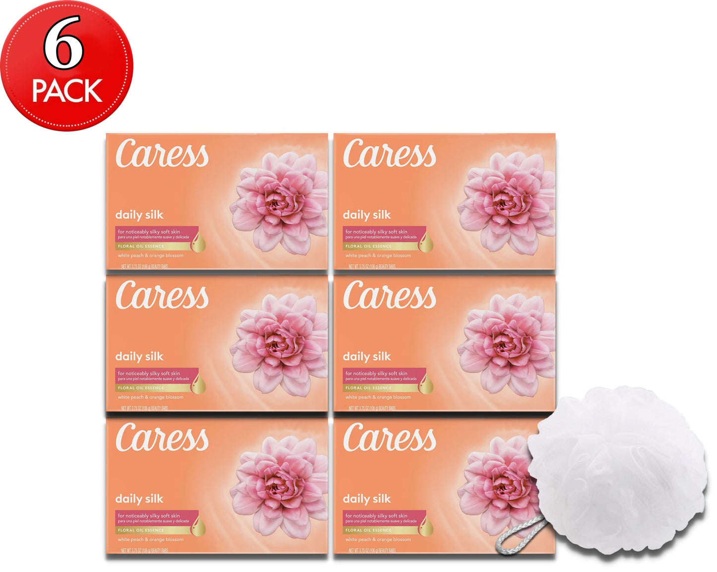 Caress Beauty Bar Soap Bundle with Bonus bath Sponge Loofah For Silky, Soft Skin Daily Silk With Silk Extract and Floral Oil Essence 3.75 oz (6)