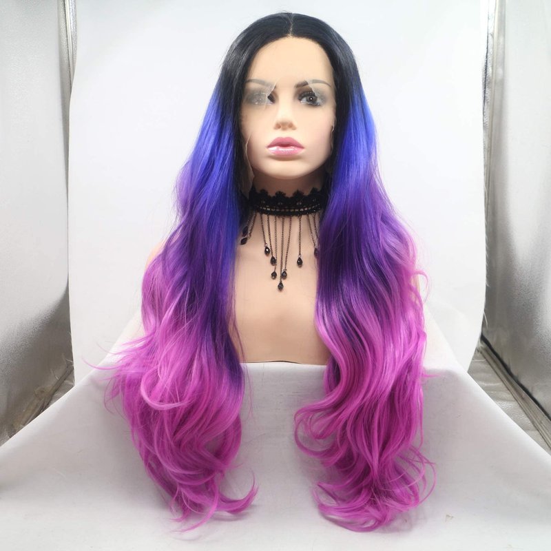 RainaHair Colour Blue Ombre Dark Purple Rose Red Synthetic Lace Front Wigs for Women 4 Tone Color Heat Resistant Party Cosplay Drag Queen Wigs (24 Inch, colour/lace front wig)