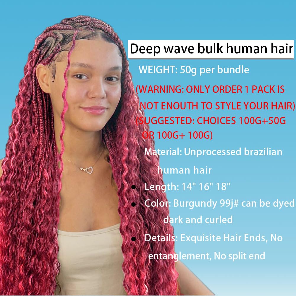 Deep Curly Wave Bulk Human Hair - 99J Burgundy 50g Unprocessed Brazilian Virgin for Boho Braids | Wet & Wavy