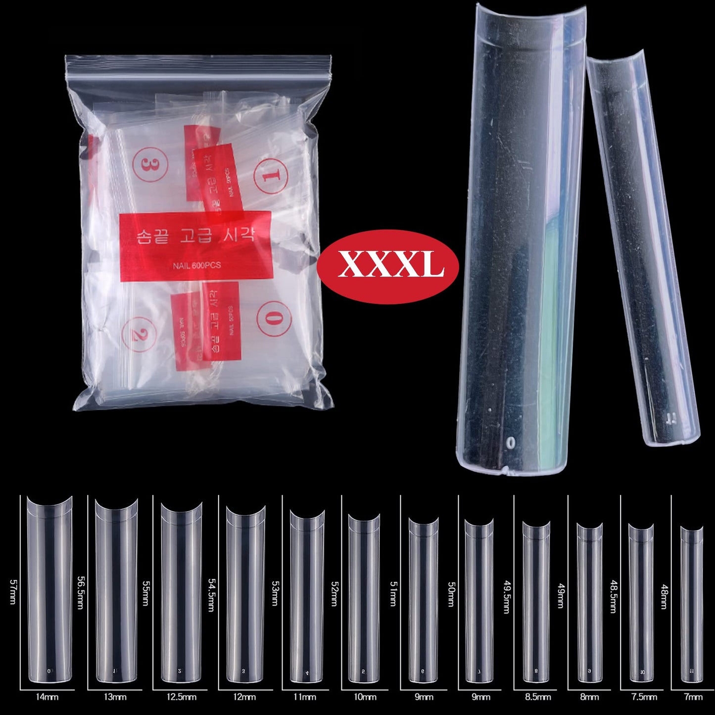 AddFavor 600pcs XXXL Clear Square Nail Tips Extra Long 3XL Half Cover Straight Square Fake Nails No C Curve Professional Acrylic False Nail Tips for Salons & Home DIY, 12 Sizes