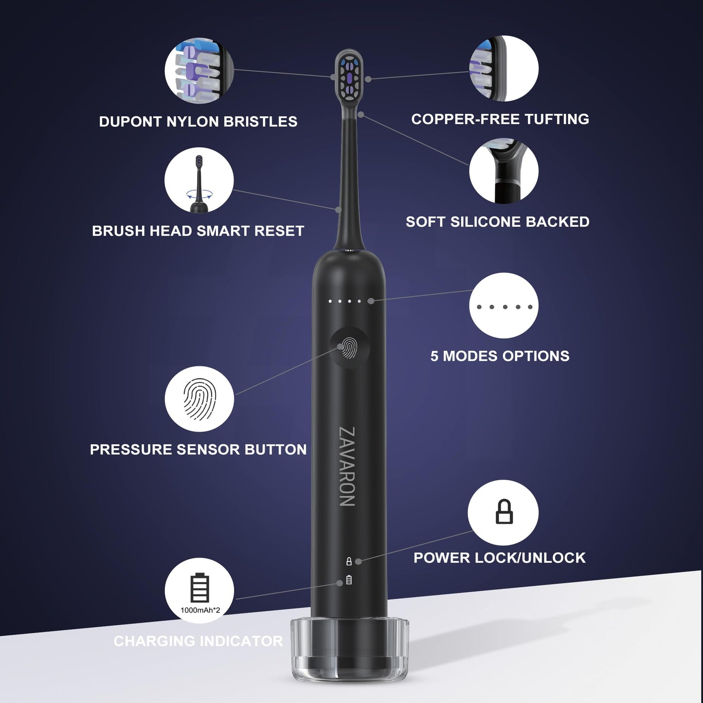 ZAVARON Sonic Electric Toothbrush for Adults – Oscillation & Vibration Rechargeable Power Toothbrush with 5 Modes, 6 Brush Heads & Travel Case - 30+ Days Battery Life IPX7 Waterproof- 2Min Smart Timer
