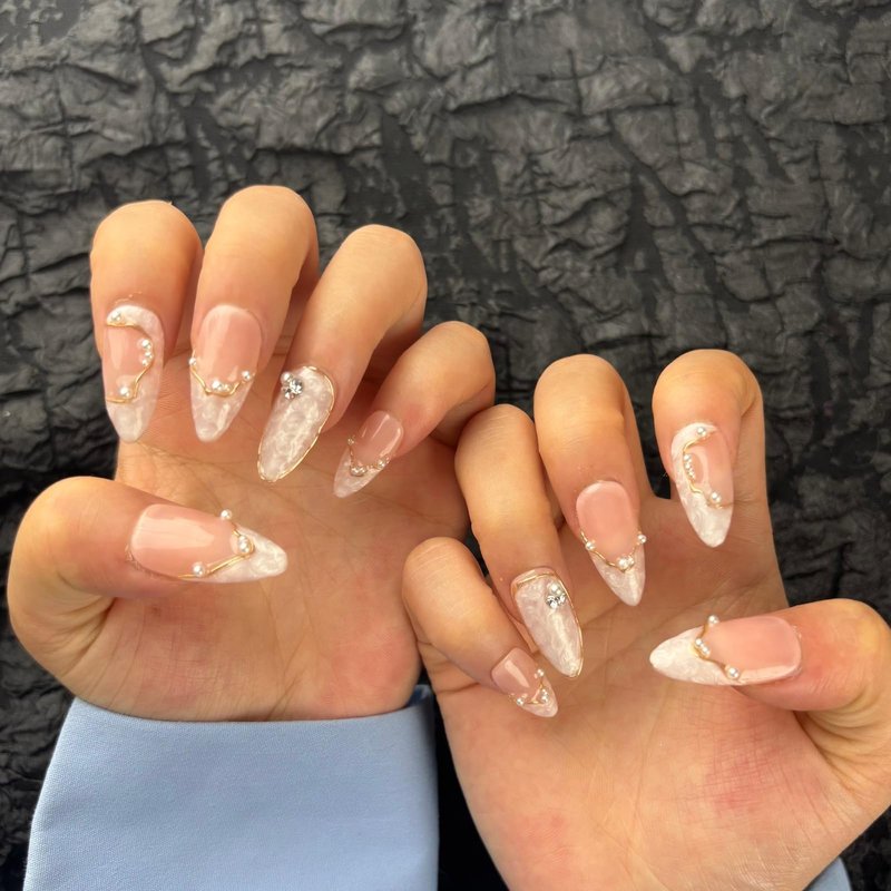 AKA Unicorn 10Pcs Handmade Press On Nails Short Almond,Nude Pink Acrylic Nails,Luxury Nail Press On with Charm Pearl Design for Wedding&Party Wear-True Love Design Concept