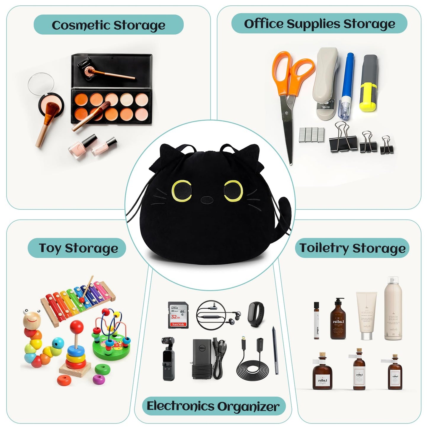 Funny Cat Drawstring Makeup Bag, Large Travel Toiletry Cosmetic Organizer