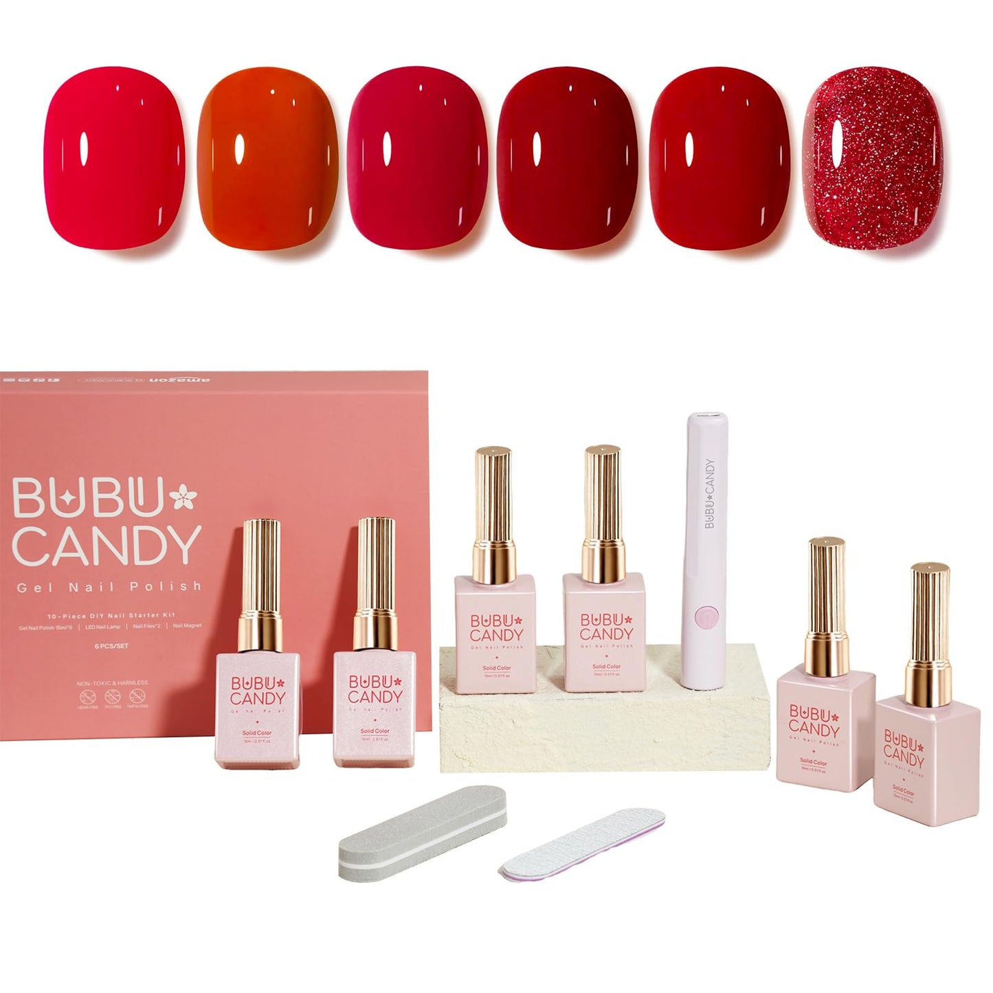 BUBU CANDY Solid Red series Gel Nail Polish Set, 15ml*6Pcs 0.5 Fl Oz ,Gift LED lights and Nail file, Tpo free Hema free,Gel Polish Kit for Salon Manicure and Nail Art DIY at Home Christmas Newyear
