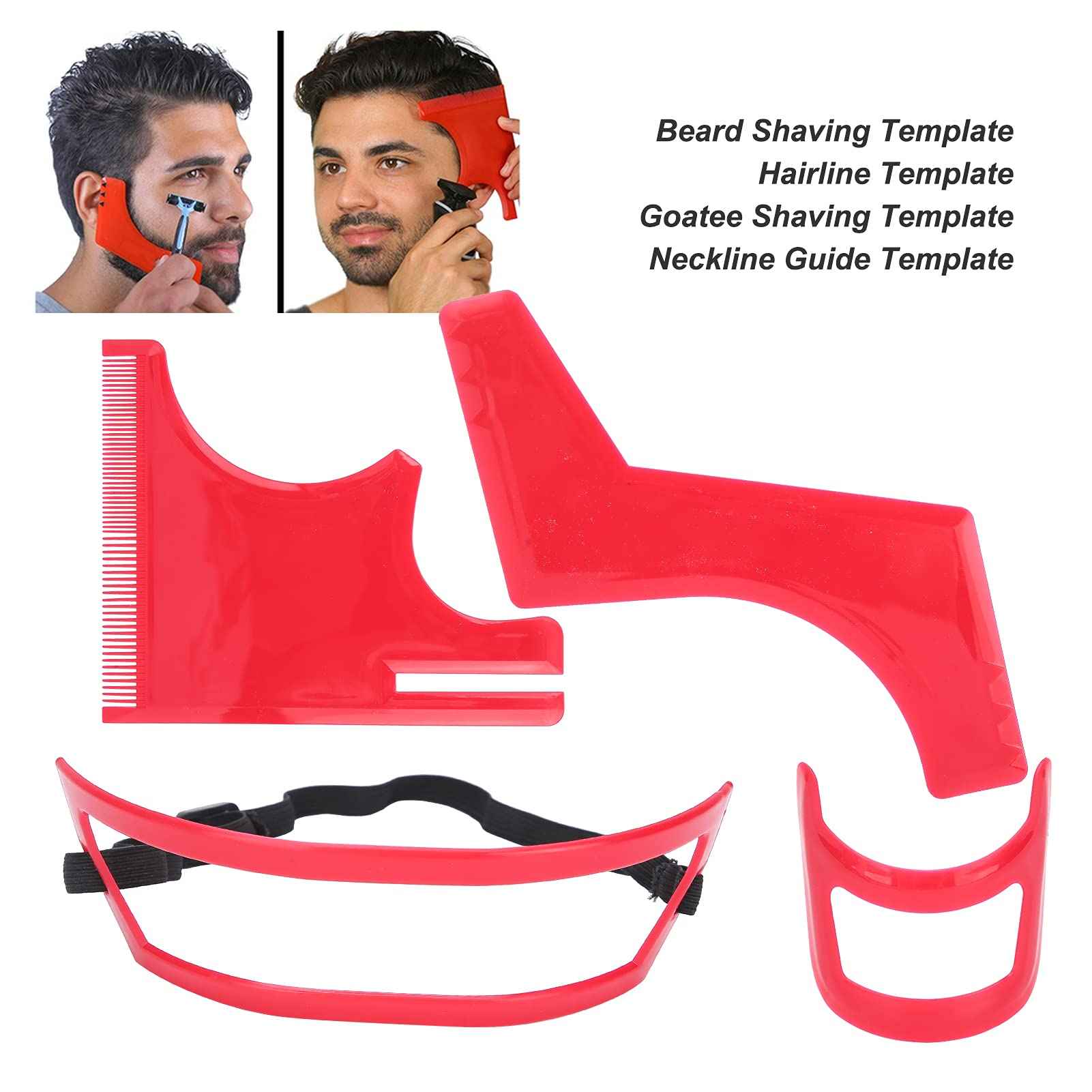 Deosdum 4 Pcs Haircut Tool Kit Hairline,Beard Shaping Tool,Beard Styling Cutting Hairline Grooming Red Plastic Beard Template Set