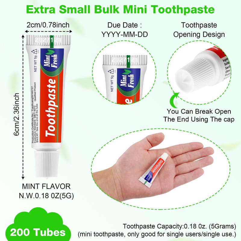 HOFASON 200 Tubes Bulk Travel Size Toothpaste 0.18 oz, Extra Small 2.28x0.78 inches Disposable Travel Size Bulk Mini Toothpaste Peppermint for Bad Breath, Guests, Homeless, Hotel, Charity Toiletries