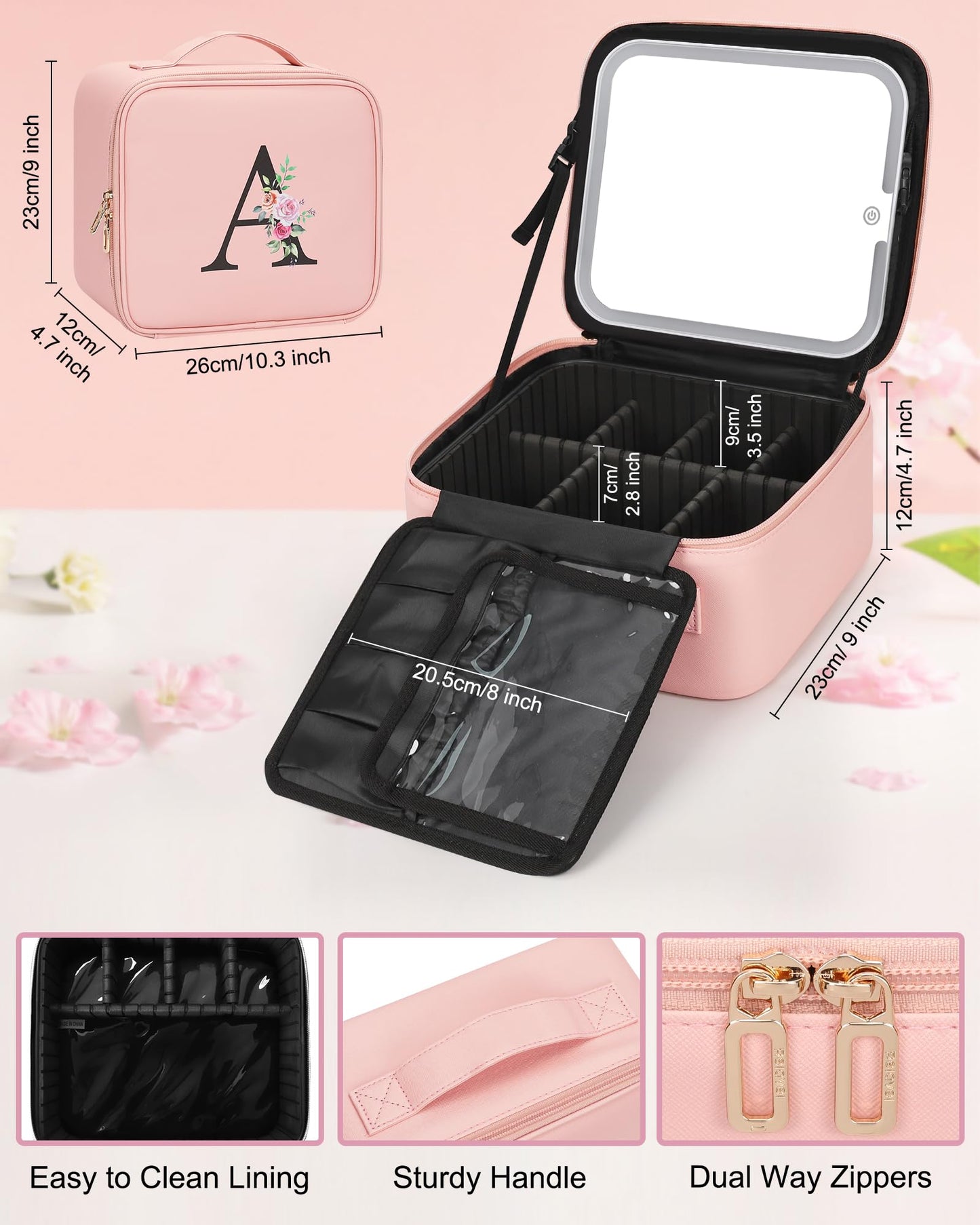 Relavel Initial Makeup Bag with LED Mirror for Women Girls, Personalized Travel Cosmetic Organizer Train Case, Birthday Gifts for Grandkids Bridesmaid Graduation Teacher Friends, Trendy Stuff, Pink H