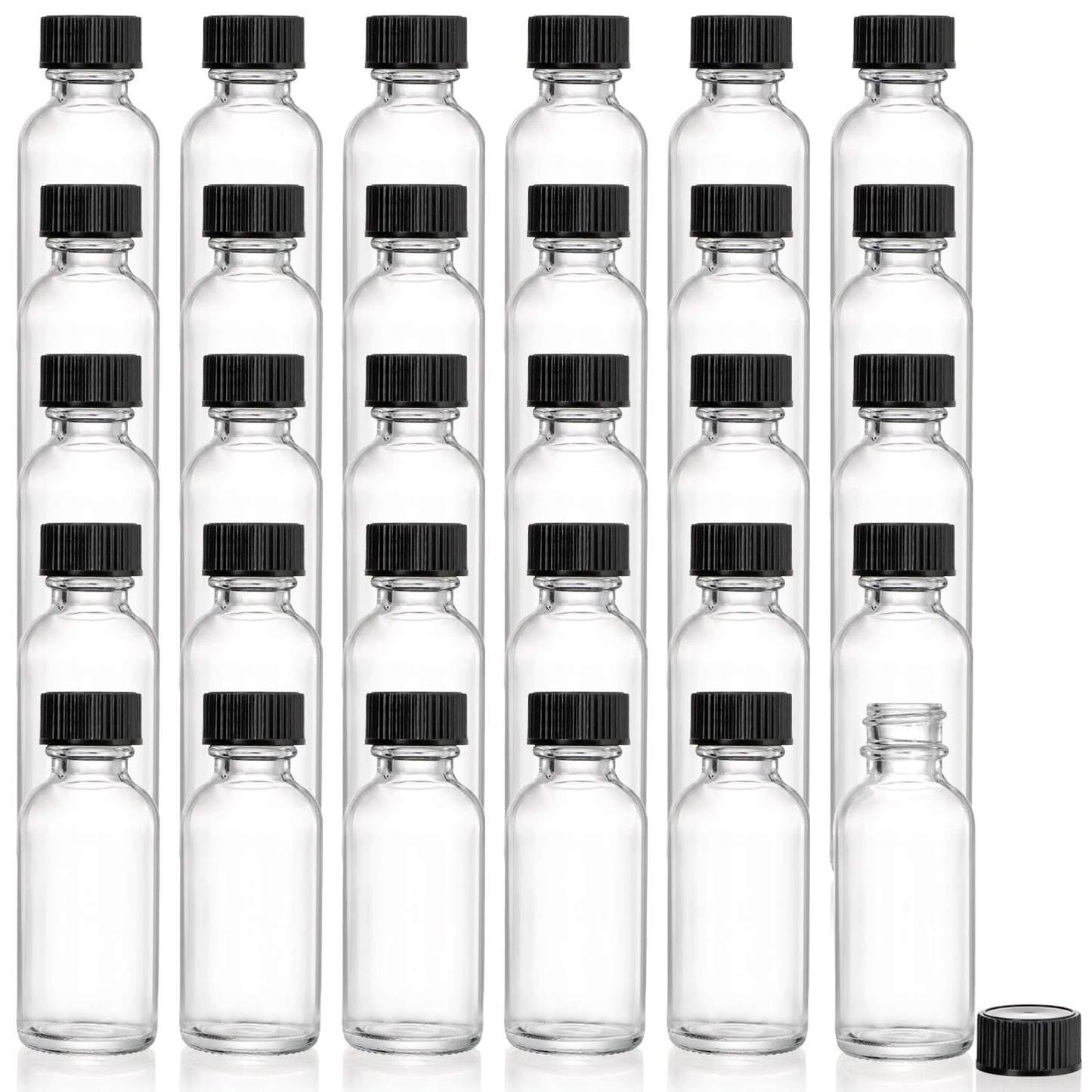 Bekith 30 Pack Boston Round Glass Bottle with Black Cap, 1 oz (30ml) Clear Glass Bottles Small Travel Bottle for DIY Essential Oils, Perfumes, Whiskey and Juices